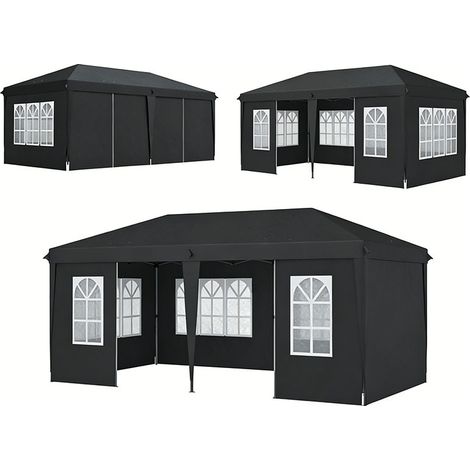 3er-Set pavillon ca. 3x6m Wasserdicht Pop-up Faltpavillon mit 4 Seitenwänden, Fenster UV-Schutz Tragetasche Schwarz