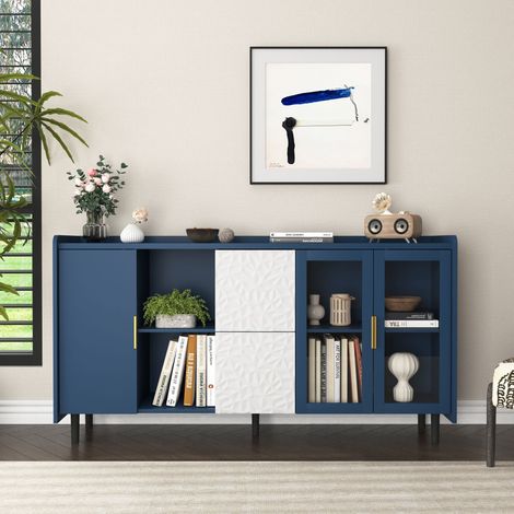 Credenza in MDF blu con ante in vetro, cassetti e vani aperti, mobile contenitore multifunzione