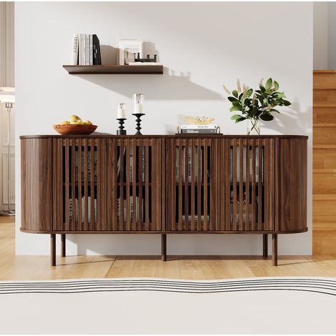 160x40x70cm Sideboard aus MDF mit 4 perforierten Schiebetüren, moderner Kommode mit verstellbaren Einlegeböden und stabilen Metallbeinen, Wohnzimmer Buffet-Schrank für Flur, Esszimmer,Walnussholzfarbe (1/5)