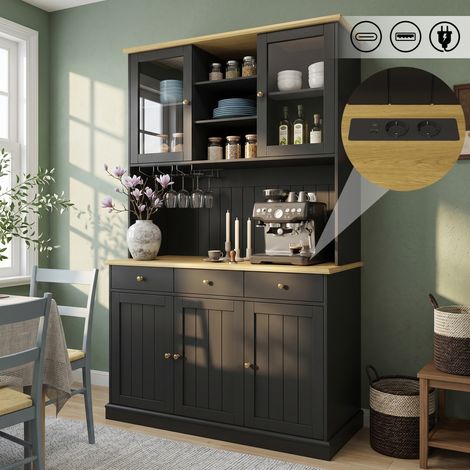 Buffet haut de salle à manger 120 x 40 x 191 cm avec portes vitrées, porte-verres, 2 prises, USB-A/USB-C, étagères réglables, poignées Noir et Or