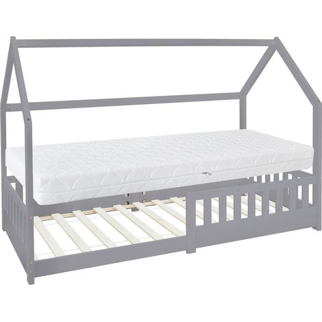 ML-Design Lit Cabane Enfant 90x200 cm Gris Clair avec Matelas H:16cm, Protection Contre la Chute, Toit et Sommier à Lattes, en Bois Massif, Style Maison, Couchage Maisonnette pour Fille Garçon