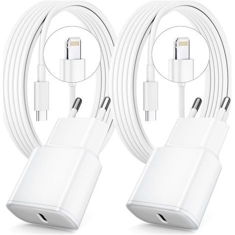 Chargeur 25 W pour iPhone charge rapide, lot de 2 chargeurs USB C PD 3.0 et câble Lightning de 2 m pour iPhone 14/13/12/11/Pro/Pro Max/iPad 5/6/7/8/9/Mini 2/3/4/5