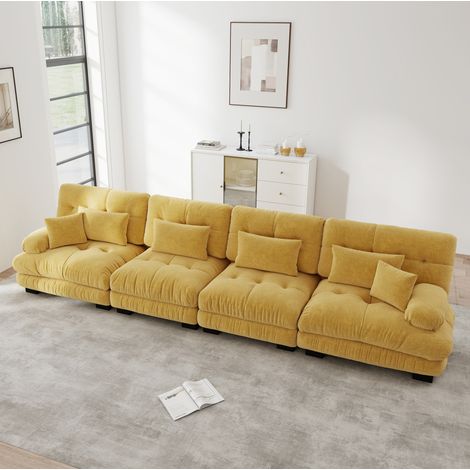 Canapé d'angle modulable 4 places en tissu jaune, assise profonde confortable, accoudoirs rembourrés, convertible pour salon, studio ou bureau – de FLORAGRACE (1/5)