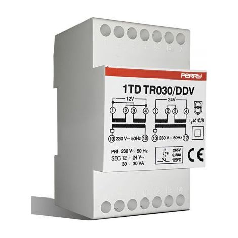 PERRY Trasformatore 30VA per servizio continuo uscite 12-12-24V 3 DIN, montaggio a retroquadro IP40 - 1TDTR030/DDV