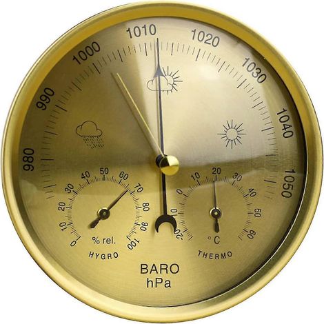 Baromètre à cadran 3 en 1 avec thermomètre, hygromètre et station météo. Mesure la pression barométrique. Simplicité et lecture facile (métrique) (doré) (1/4)