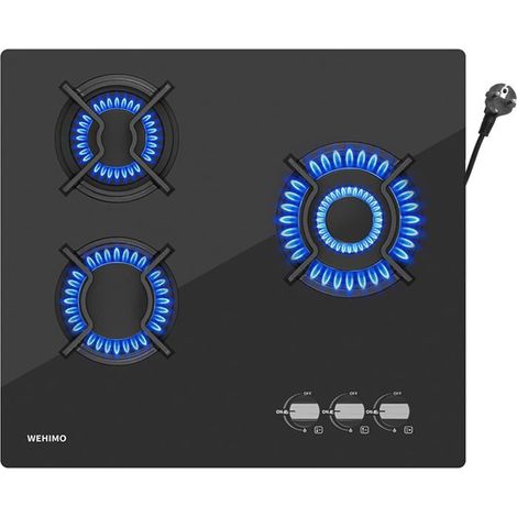 Plaque de cuisson gaz encastrable - 3 feux - Verre trempé noir - 60x51 cm (1/5)