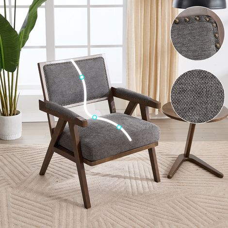 AS EASY Fauteuil lounge Mid Century Moderne en tissu, fauteuil individuel avec accoudoirs, cadre en bois, assise rembourrée, adapté pour salon/chambre/bureau, décoration (tissu lin gris)