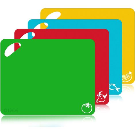 Ensemble de tapis de planche à découper de cuisine en plastique souple extra épais, lot de 4 tapis colorés avec icônes alimentaires (1/3)