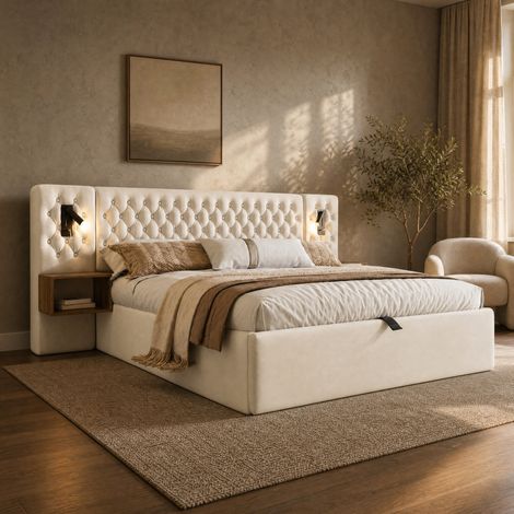 Lit double 160x200 cm en velours beige avec rangement, pour chambre, sans matelas – MEUBLIV (1/5)