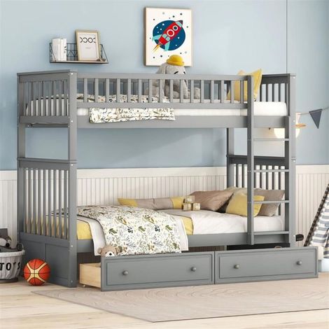 Lit superposé - GUTENT - 90x200 cm - Gris - 2 tiroirs - Convertible en 2 lits simples (1/5)