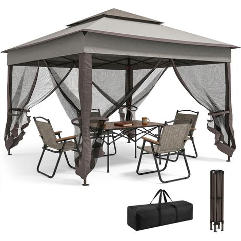 Tente gazebo pliable 3,3 x 3,3 m avec 4 parois latérales en maille anti-UV et sac de transport gris (1/5)