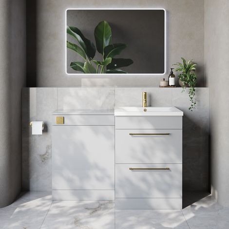 Napoli 460 Cento Gloss Grey Pearl 1200mm 2 Drawer Vanity Unit Toilet Suite with Glide Basin - 1200mm - Brushed Brass 320mm HandleWithout Kingston Toilet Pan