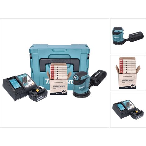 Makita DBO 180 RF1J Akku Exzenterschleifer 18 V 125 mm + 1x Akku 3,0 Ah + Ladegerät + Toolbrothers TURTLE Schleifset + Makpac