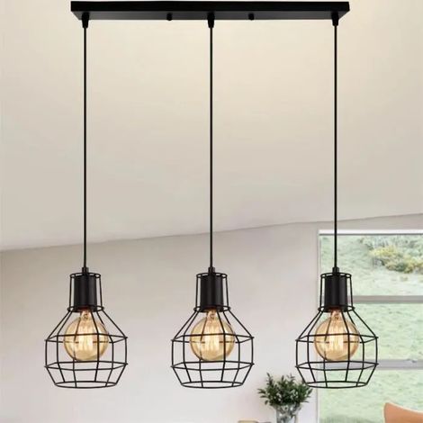 U-Do Vintage Lustre Intérieur Lampe Cage en Métal Noir 3 Têtes Suspension Luminaire Créatif Lampe Longue pôle pour Cuisine Bureau (1/4)