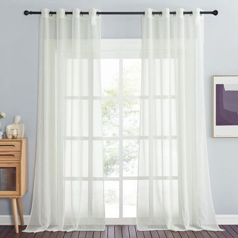 Rideau Salon - Voilage Décorations Maison Chambre Fenêtre Intérieur 137 x 244cm Voile en Lin Effet Design Moderne Jolis Transparent à Oeillets, Double Pièces, Beige (1/4)