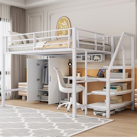 Hochbett 140x200 cm Weiß aus Metall und MDF mit Schreibtisch, Kleiderschrank und Regalen (1/5)