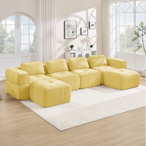 Sofa U-Form 4-Sitzer 344/162/67 cm Gelb mit 2 Hockern, modular und montagefrei (1/5)