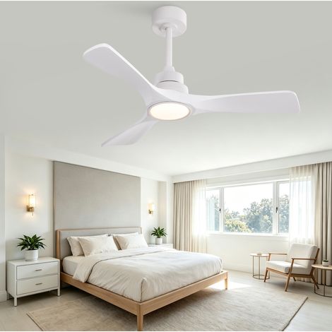 Ventilateur de plafond blanc 42″, 3 pales en bois, LED 3CCT, télécommande OKWISH (1/5)