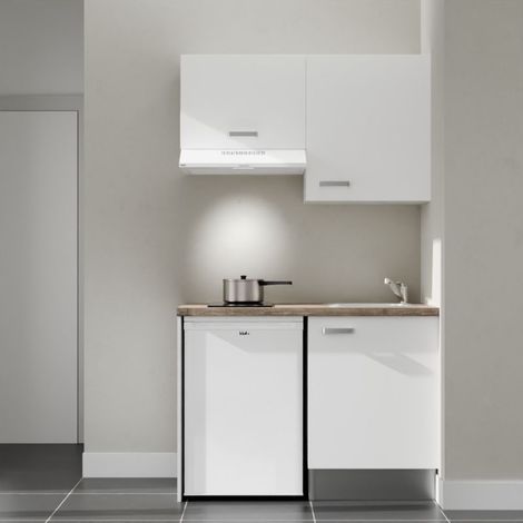 Kitchenette K01L-PT - 120 cm avec plan de travail et évier, emplacements frigo et hotte - Façade Blanc - Plan Bois - Evier Inox - Crédences Non (1/5)