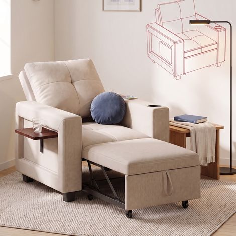 Fauteuil convertible 3 en 1, Chauffeuse lit 1 place avec table pliante et port USB, Tissu chenille, Beige (1/5)