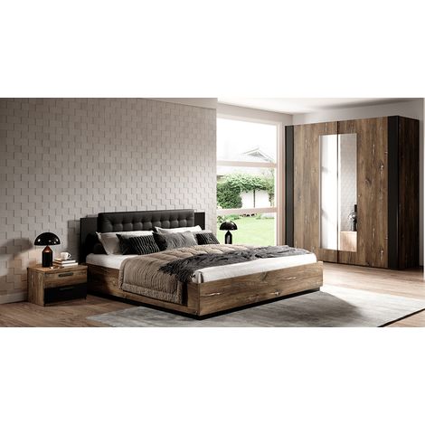 Bett mit Lattenrost, Liegefläche 180 x 200 cm und Kleiderschrank SOLMS-83 in Flagstaf Eiche dunkel Nb. und silber, kombiniert mit schwarz (1/5)