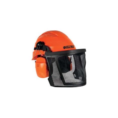 Schutzhelm mit Drahtgittervisier und verstellbaren OLEOMAC-Gehörschutzkapseln