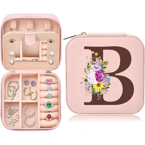 Caja de joyería, caja de joyería portátil para mujer, pequeña caja de almacenamiento de joyas con espejo, organizador de joyas de cuero sintético (rosa B) (1/5)