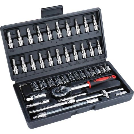 Jeu de douilles 46 pièces 1/4" Kit d\'outils de réparation en acier au chrome vanadium avec embout de tournevis, clé hexagonale, cliquet réversible pour réparation de bricolage de vélo de voiture (1/5)