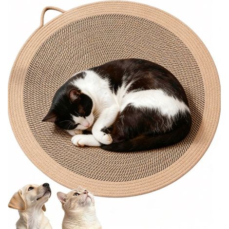 Griffoir pour chat - Tapis à griffer tricoté pour chats - Tapis de couchage rond avec poignée - Coton-lin - Marron - 40 x 40 cm - 1 pièce - Marron - 0,50 cm (1/5)