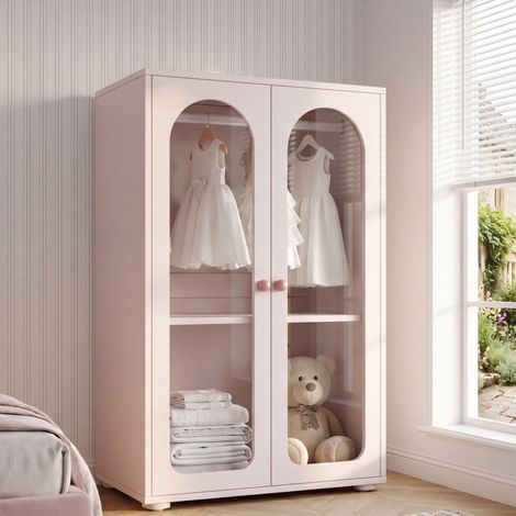 Armoire enfant 2 portes 80x50x120 cm avec penderie et étagères réglables, MDF et acrylique, rose