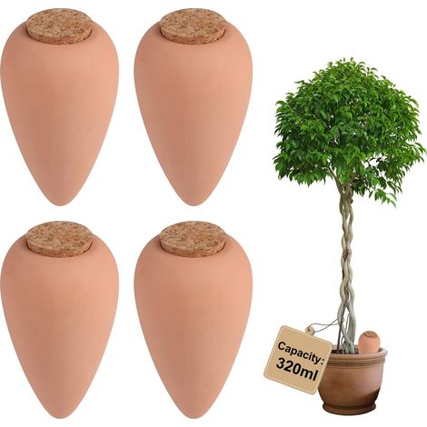4 × 320ml Oyas Arrosage avec Liège, Arrosoir Terreau Plante Intérieur, Cône à Radis Olla pour Arrosage Automatique des Fleurs, Distributeur Eau Plante, pour Jardin, Potager, Pot en Terre Cuite (1/5)