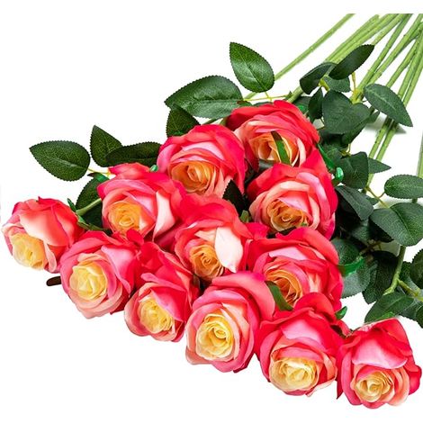 Bouquet de 12 roses artificielles en soie, fleurs réalistes à tige longue pour décoration mariage, maison et fête (Rose dégradé foncé) (1/5)