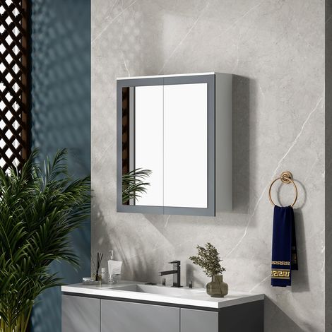 Meuble de salle de bain avec miroir, meuble mural avec 2 portes vitrées et étagères réglables, 69 x 17 x 75,5 cm, blanc (1/5)