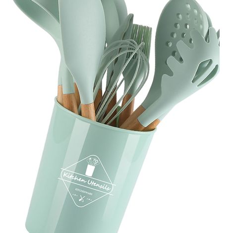 Ensemble de batterie de cuisine en silicone avec manches en bois, antiadhésive, avec récipient inclus, vert clair. (1/5)