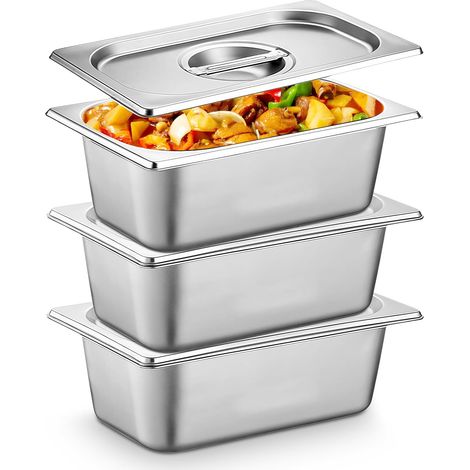 Lot de 3 bols à panure rectangulaires en acier inoxydable, couvercle inclus, 32,5 x 17,5 x 6,5 cm (1/5)
