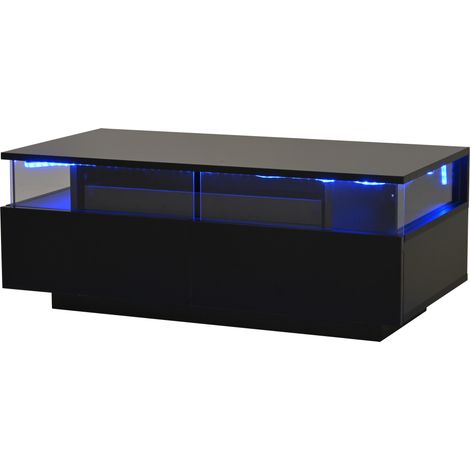 Table basse noire brillante 90 x 45 x 35,5 cm avec 2 tiroirs, plateau amovible et éclairage LED contrôlé par application (1/5)