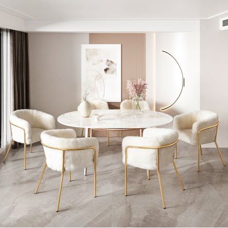 Set de 6 sillas de relax de pelo sintético blanco, estructura de metal, estilo elegante,57×57×77cm (1/5)