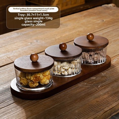 Boîte à fruits secs en gros, style chinois rétro, avec couvercle à perles et bol en verre transparent à grain vertical. (1/5)