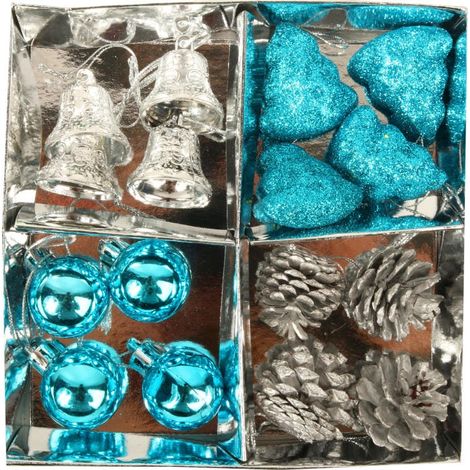 Set di 16 ciondoli natalizi: campanelle, pigne, alberi di Natale e palline decorative in turchese e argento. (1/5)