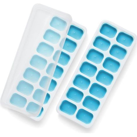 HOXILEELEOLot de 2 bacs à glaçons en silicone avec couvercles anti-déversement, moules à glaçons flexibles en silicone (bleu) (1/4)