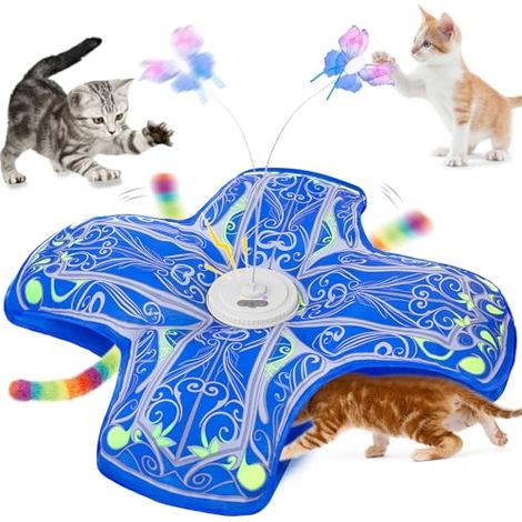 Interactive Toy for Indoor Cats, [New and Improved Version] Rechargeable Touch-Activated Kitten Toy with Hide-and-Seek Game and Spinning Element (Blue) (1/5)