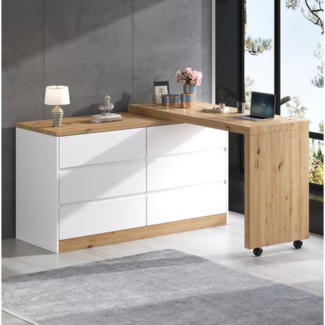 Scrivania angolare pieghevole e girevole con ruote bloccabili, piano di 4 cm di spessore, mobile contenitore multifunzionale, bianco e rovere - 6 cassetti (1/5)
