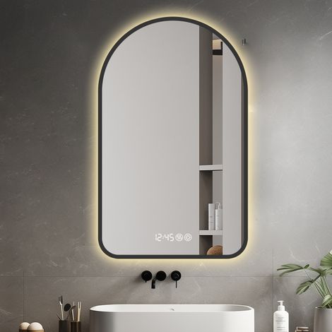 Specchio LED curvo da 70120 cm per bagno, con visualizzazione di ora e temperatura, retroilluminazione, antiappannamento, dimmerabile e con tre temperature di colore - Specchio moderno con luce integr
