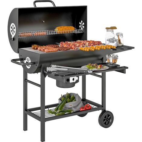 Holzkohlegrill mit klappbarer Frontablage, Grillrost, 2 Rädern, 114 x 65 x 95 cm, schwarz