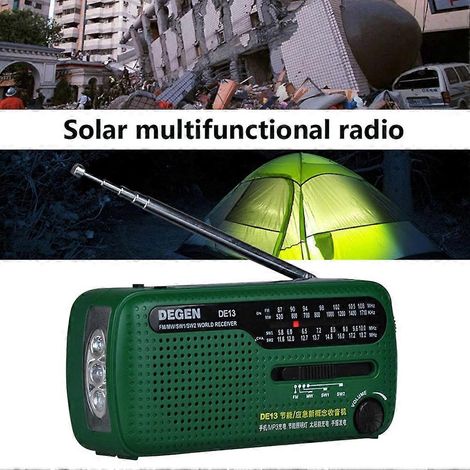 Radio portable multifonctionnelle à énergie solaire avec dynamo, radio multibande, lampe torche LED de secours et batterie externe pour les activités de plein air. (1/5)