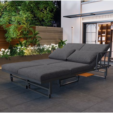 Sofá jardín ajustable con mesa de acacia gris OKMYHOME (1/5)