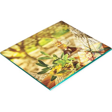 Tabla de cocina de vidrio templado con dise帽o de pan y aceite de oliva, 60x52 cm.