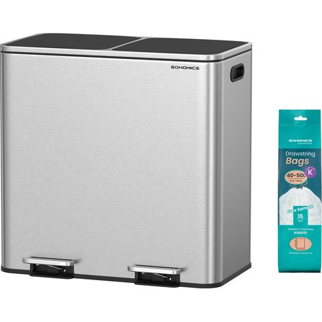 Poubelle à Double Compartiment 2 x 40 L, avec 15 Sacs Poubelles, Pédales en Métal, 2 Seaux Intérieurs en Plastique, Couvercles, Poignées, Fermeture en Douceur, Argent LTB730E80 (1/5)