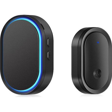Timbre inalámbrico exterior resistente al agua, funciona con pilas y tiene un alcance de 300 m. Incluye receptores y 60 melodías en 5 niveles de volumen para el hogar y la oficina. Color negro. (1/4)