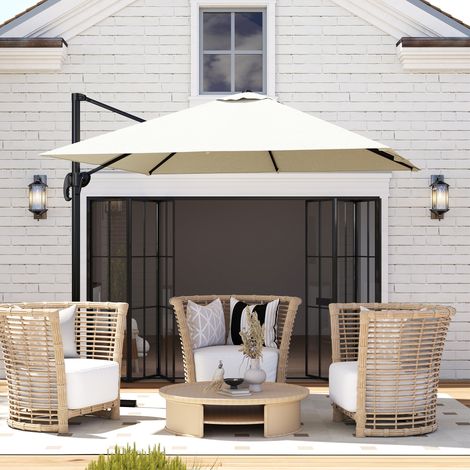Parasol déporté carré inclinable manivelle pied acier dim.2,5x2,5m aluminium polyester, crème